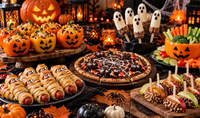 25 Halloween Party Food Ideas Halloween party food table with mummy hot dogs stuffed peppers spooky pizza ghost bananas vegetables and caramel apples