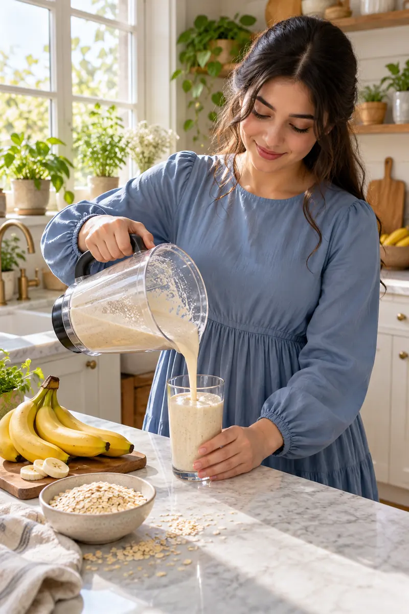 Woman pouring a banana oat smoothie from a blender jug into a tall glass