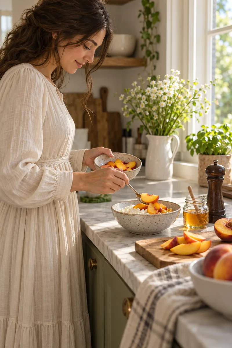 Woman spooning sliced peaches over a bowl of cottage cheese at a kitchen counter