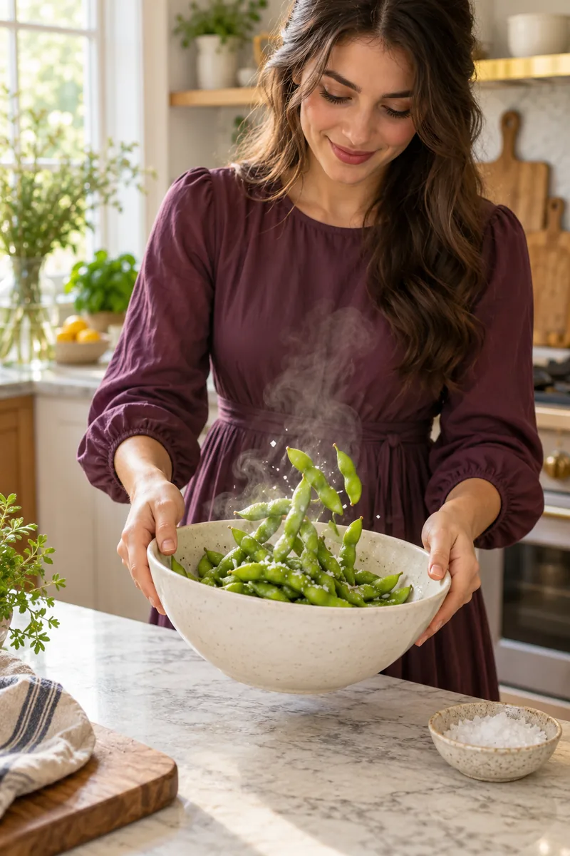 Woman tossing steaming edamame pods with sea salt in a bowl