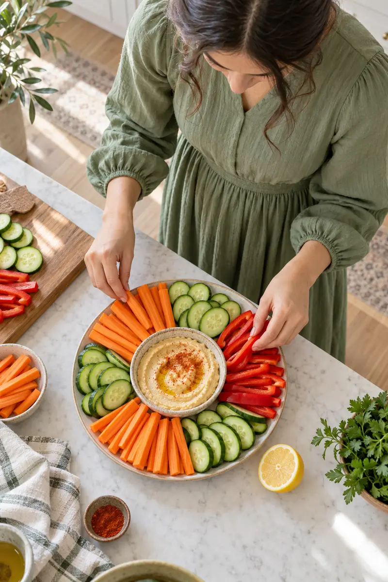 Woman arranging carrot sticks, cucumber and pepper strips around a bowl of hummus on a plate