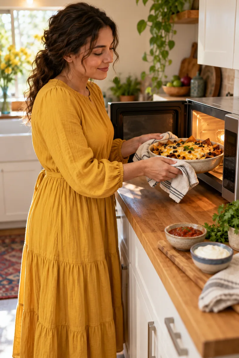 Woman taking a plate of melted cheese nachos with black beans out of a microwave