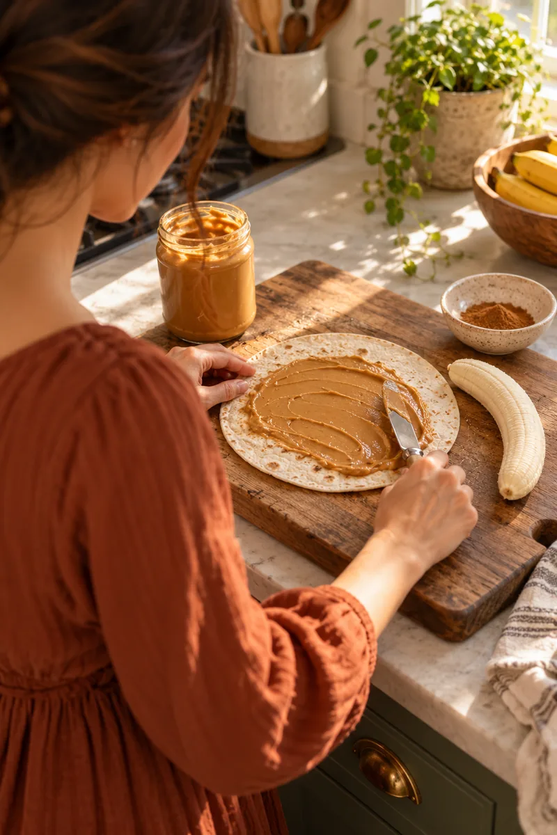 Woman in a long dress spreading peanut butter on a tortilla with a banana ready to roll up