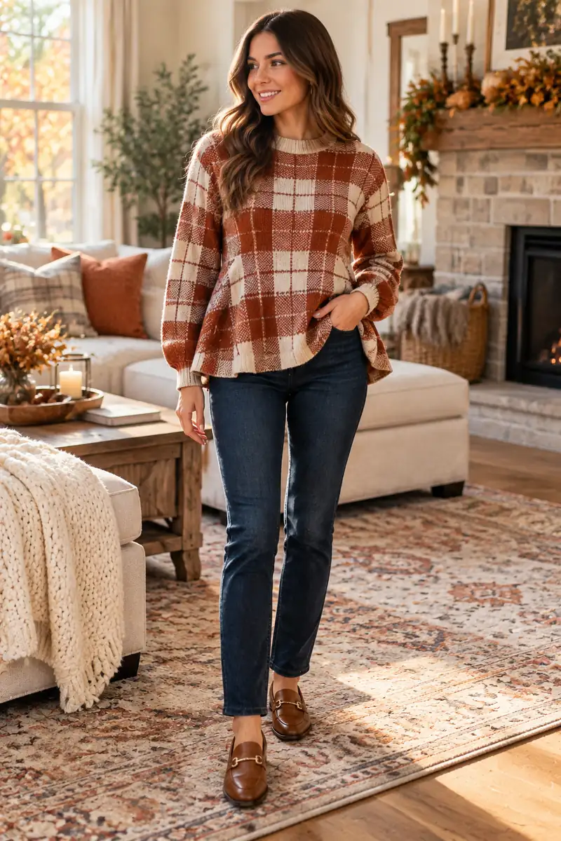 Woman wearing a rust and cream A-line plaid sweater that flares over the waist, with dark straight-leg jeans and brown loafers, in a cozy living room
