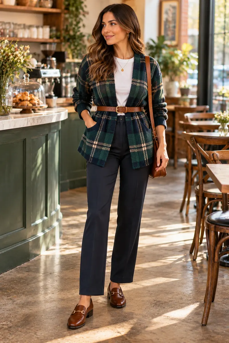 Woman wearing an open green and navy plaid cardigan belted at the waist with a brown leather belt, over a white tee and straight-leg trousers, in a cafe