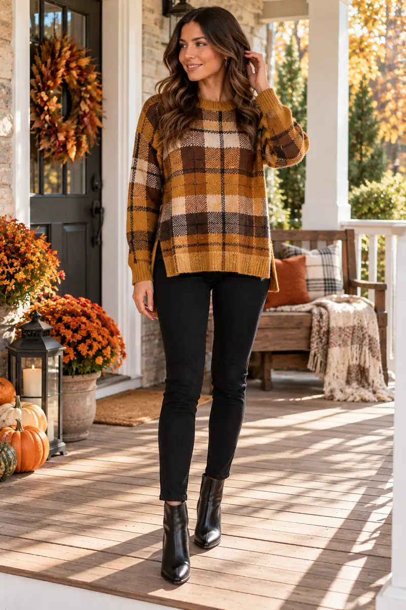 Woman wearing a mustard and brown plaid sweater with side slits left untucked over black skinny jeans and matching black ankle boots, on a porch