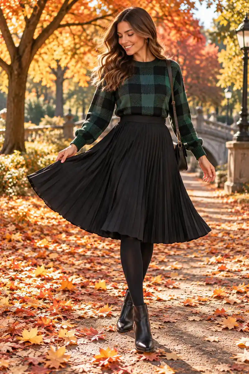 Woman wearing a tucked-in green and black plaid sweater with a black pleated midi skirt, opaque black tights and ankle boots, twirling in a park with fall leaves