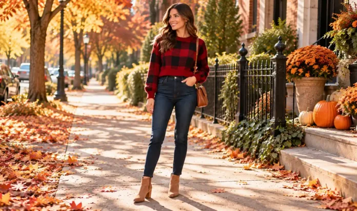 Woman wearing a flattering cropped red and black plaid sweater with high-waisted dark skinny jeans and tan ankle boots, standing on a sunny fall sidewalk