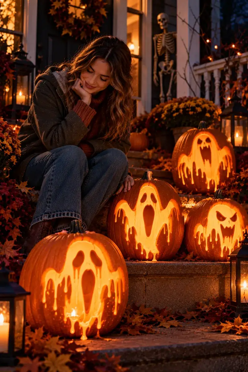 17 Ghost Pumpkin-Carving Ideas From Cute to Creepy 8 Woman admiring creepy ghost pumpkins at night