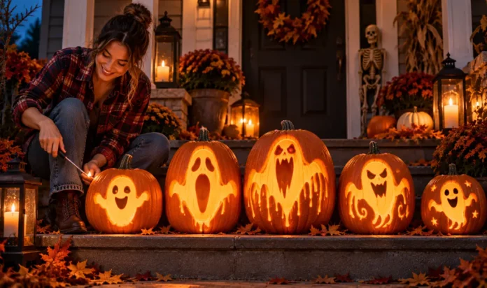 Ghost Pumpkin-Carving Ideas Featured Image Woman lighting a row of ghost-carved pumpkins from cute to creepy on porch steps at night