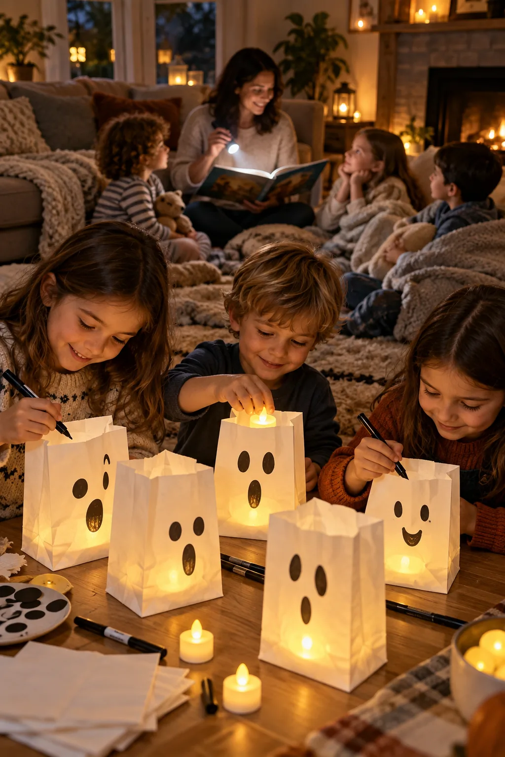 Children making paper bag ghost lanterns with battery tea lights while an adult reads a story to kids in the background.