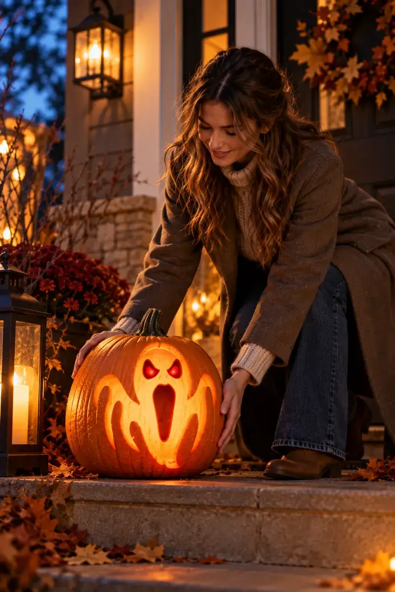 17 Ghost Pumpkin-Carving Ideas From Cute to Creepy 6 Woman placing a red-eyed ghost pumpkin outside