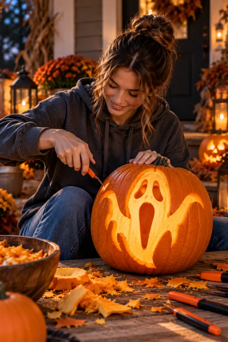 17 Ghost Pumpkin-Carving Ideas From Cute to Creepy 5 Woman carving a screaming ghost face