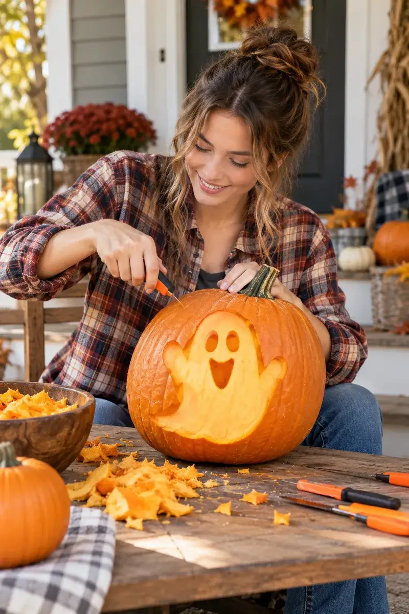 17 Ghost Pumpkin-Carving Ideas From Cute to Creepy 1 Woman carving a smiling ghost pumpkin