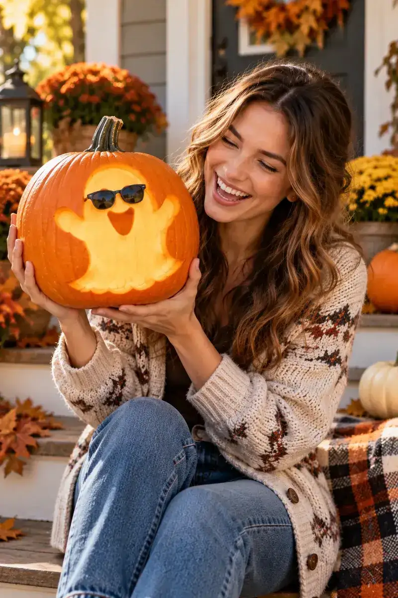 17 Ghost Pumpkin-Carving Ideas From Cute to Creepy 4 Woman holding a ghost pumpkin with sunglasses