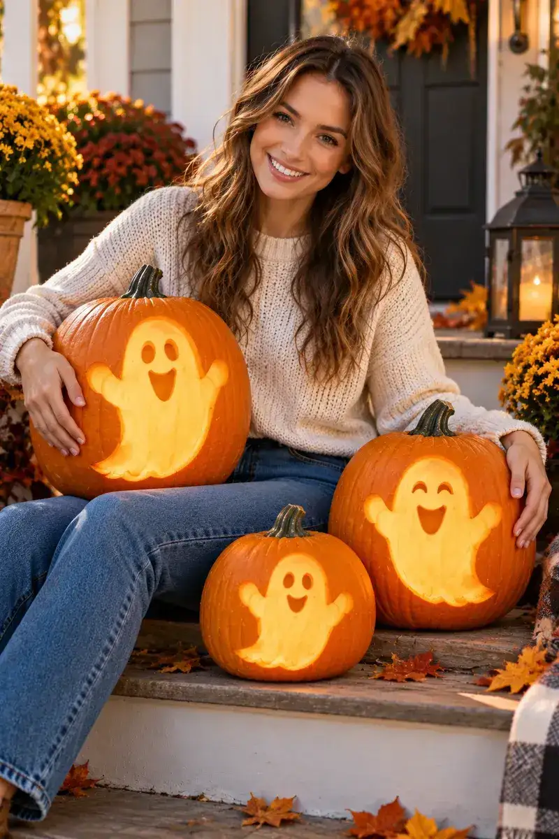 17 Ghost Pumpkin-Carving Ideas From Cute to Creepy 2 Woman displaying three ghost pumpkins on a porch
