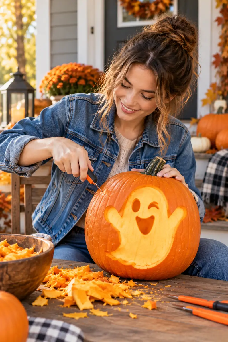 17 Ghost Pumpkin-Carving Ideas From Cute to Creepy 3 Woman carving a winking ghost pumpkin