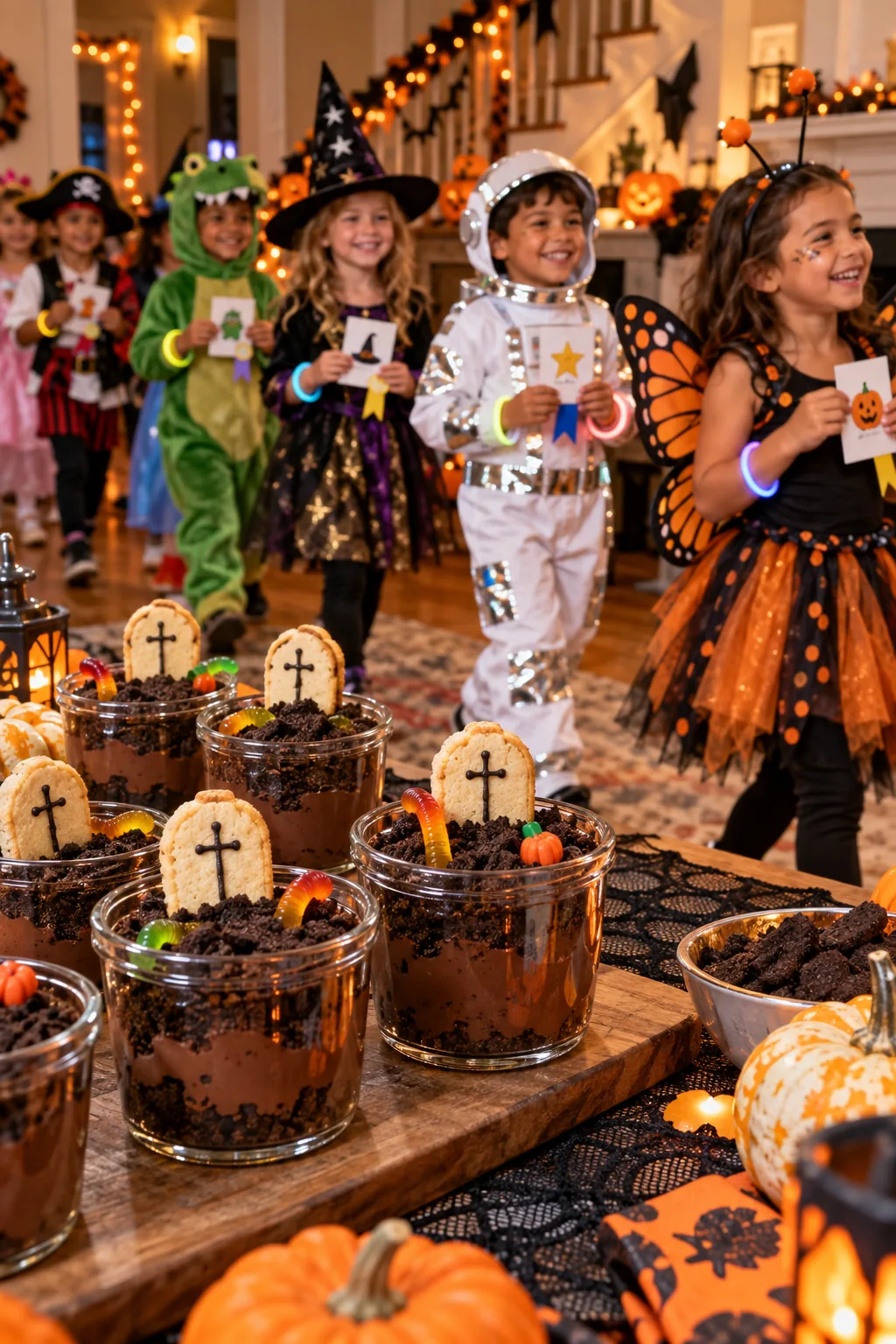 Chocolate graveyard dirt cups with cookie tombstones in front of children taking part in a Halloween costume parade.