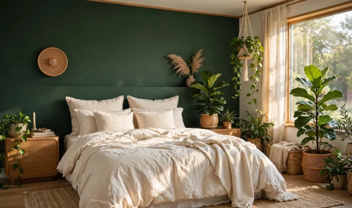 A beautiful bedroom with a deep forest green accent wall A beautiful bedroom with a deep forest green accent wall behind a styled bed, lush plants including a fiddle-leaf fig and trailing...