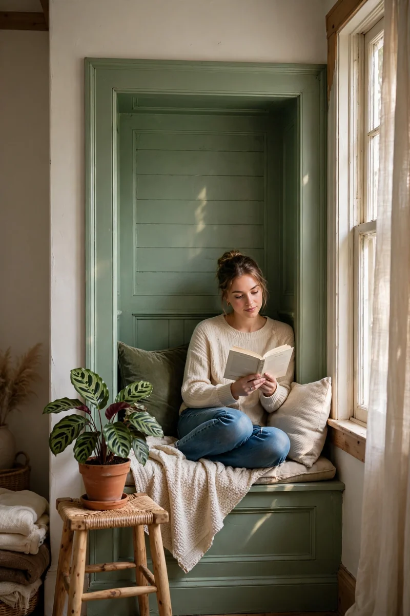 18 Green Accent-Wall Bedroom Ideas With Natural Décor 6 A bedroom corner with a small green painted alcove nook, a calathea with patterned leaves on a small stool, a modestly dressed young...