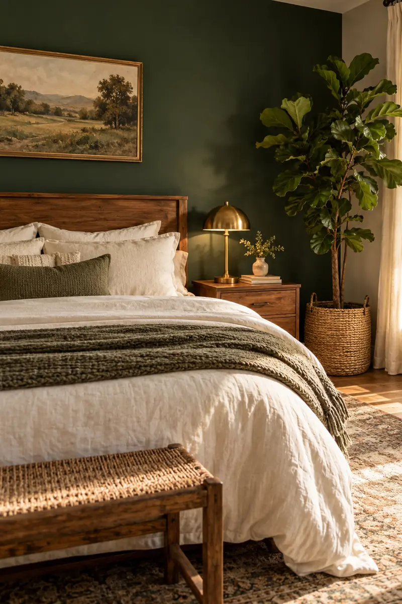 18 Green Accent-Wall Bedroom Ideas With Natural Décor 1 A bedroom with a deep forest green accent wall behind a wooden headboard, a tall fiddle-leaf fig in a woven basket in the corner, cream...