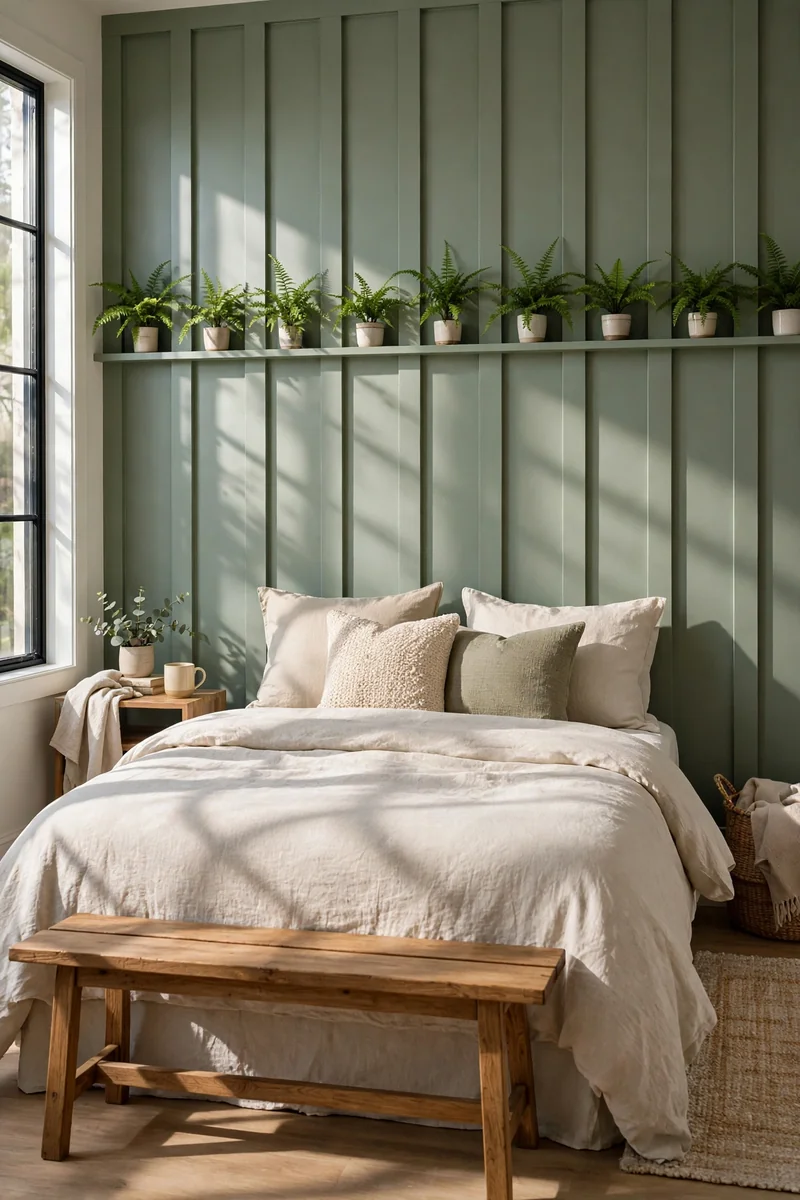 18 Green Accent-Wall Bedroom Ideas With Natural Décor 7 A bedroom with green board-and-batten accent wall painted in muted green, potted ferns lined along the battens, a wooden bench at the...
