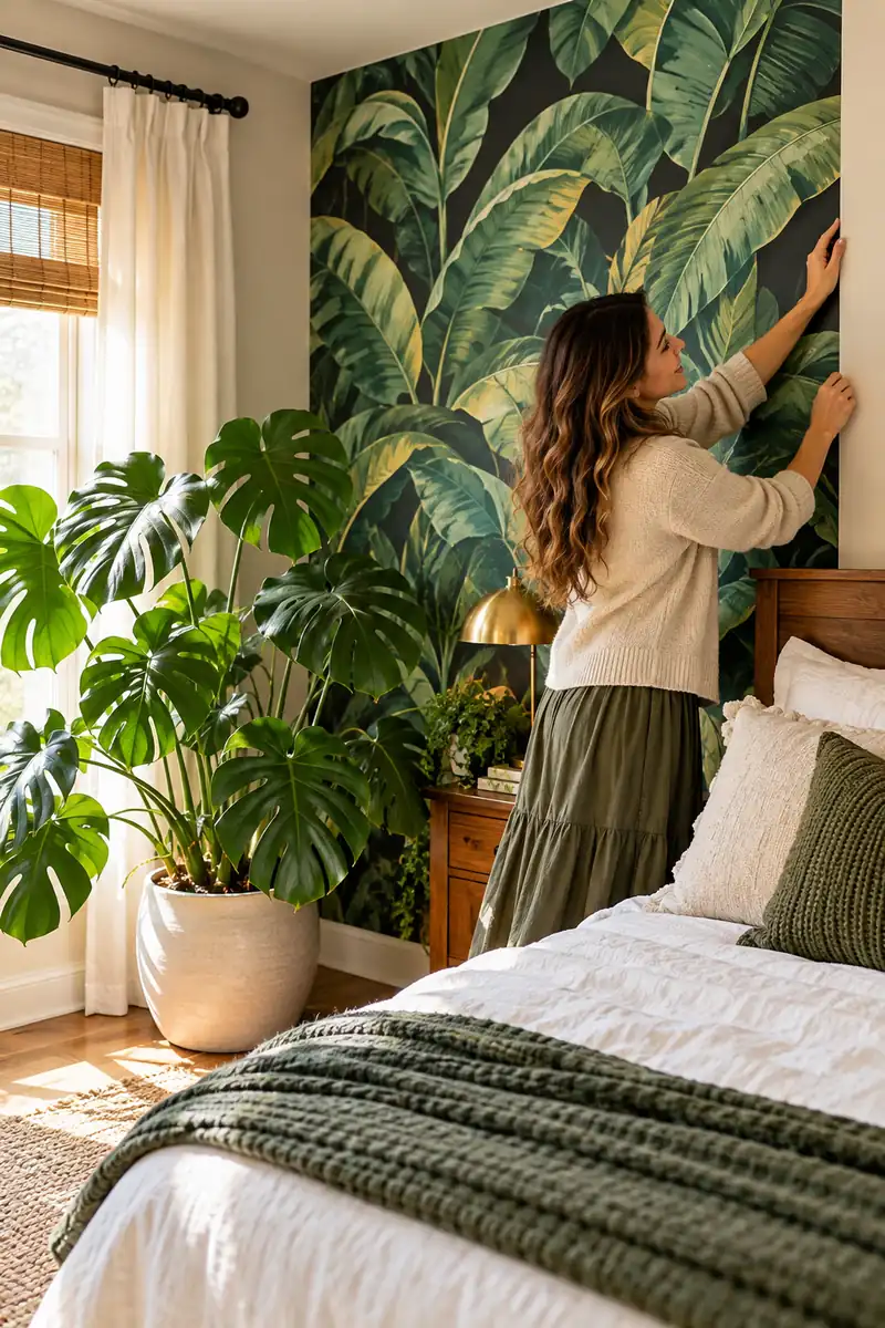 18 Green Accent-Wall Bedroom Ideas With Natural Décor 4 A bedroom with a peel-and-stick botanical wallpaper accent wall in oversized banana leaves on a dark background, a real monstera plant...