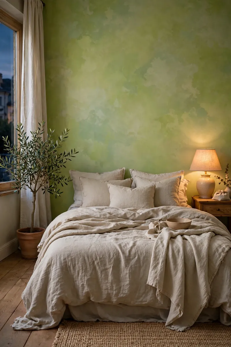 18 Green Accent-Wall Bedroom Ideas With Natural Décor 5 A cozy bedroom with a limewash green accent wall in soft cloudy texture, a single olive tree in a simple clay pot, linen bedding in...