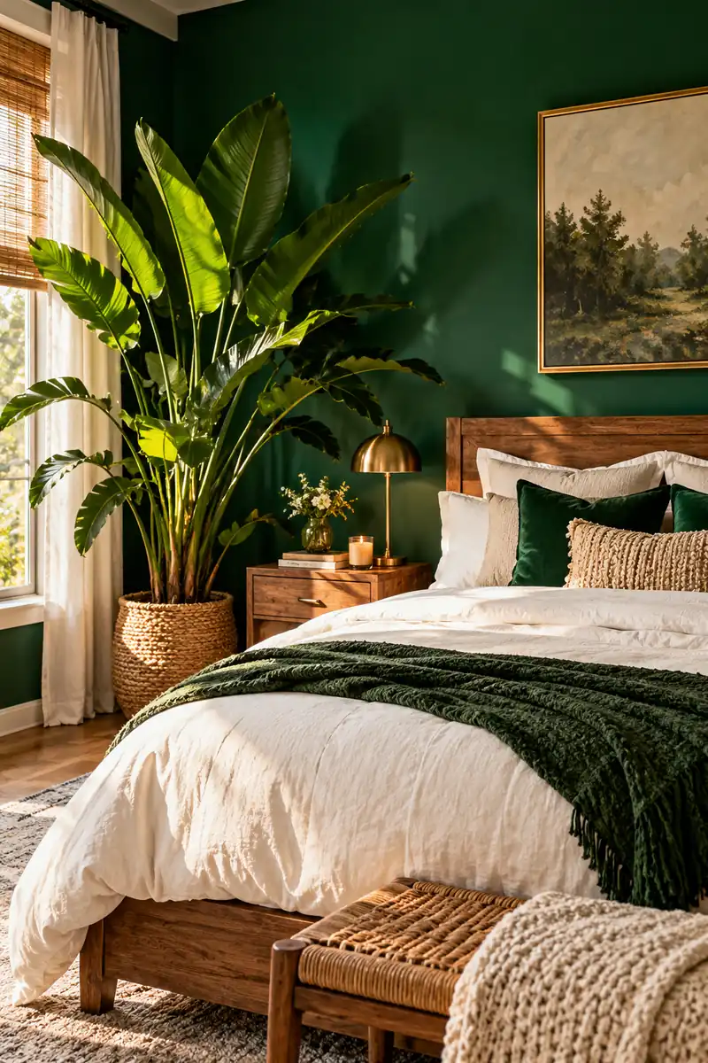 18 Green Accent-Wall Bedroom Ideas With Natural Décor 3 A glamorous bedroom with a saturated emerald green accent wall, a large bird of paradise plant as living art beside the bed, natural...