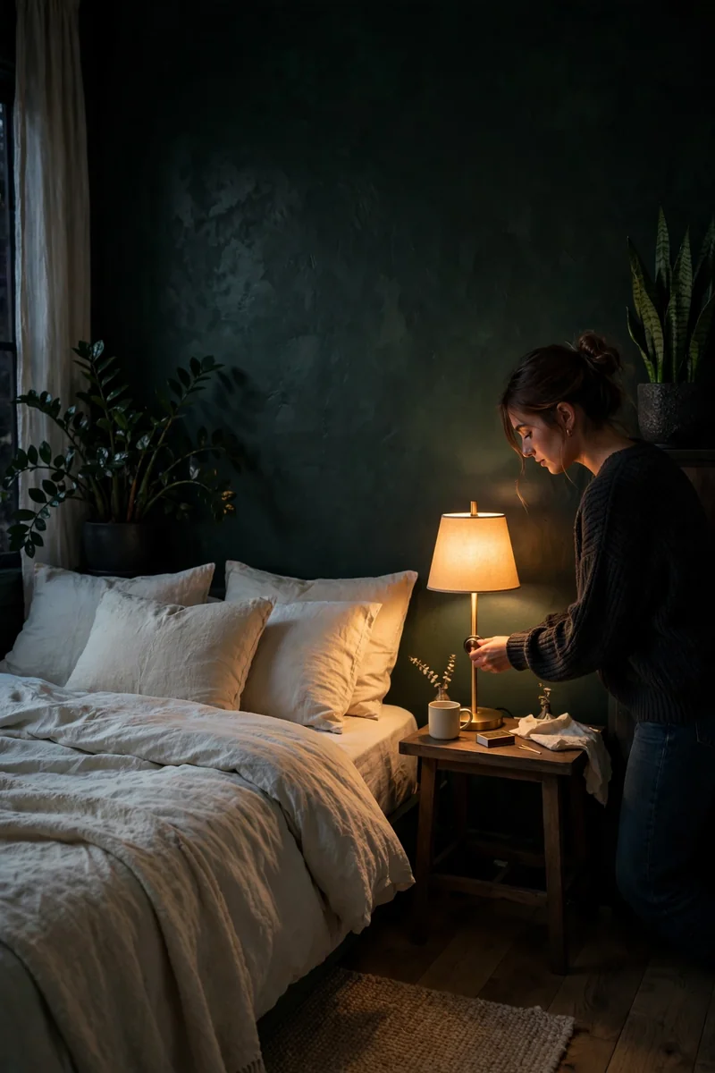18 Green Accent-Wall Bedroom Ideas With Natural Décor 8 A moody bedroom with a near-black green accent wall, sculptural ZZ plants and snake plants in dark corners, pale bedding and one warm...