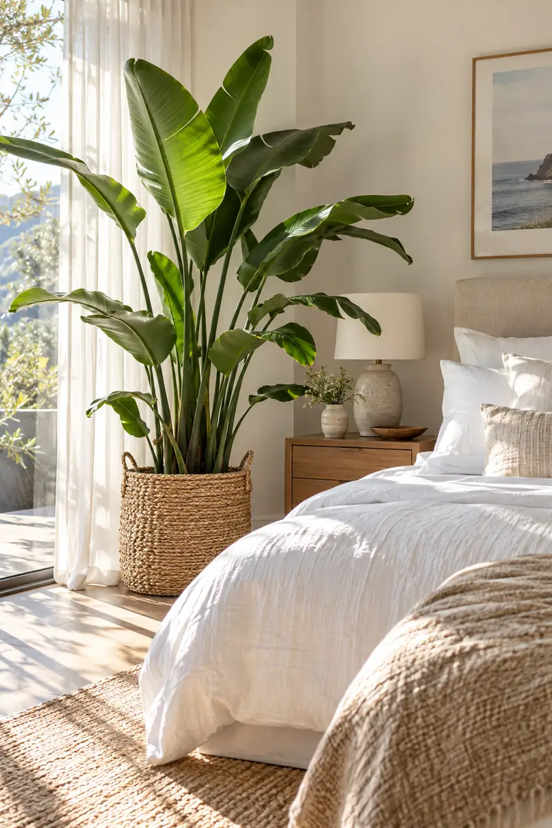 A tall bird of paradise plant in a woven seagrass basket standing beside a bed with white linen bedding, with soft morning light coming through sheer curtains.