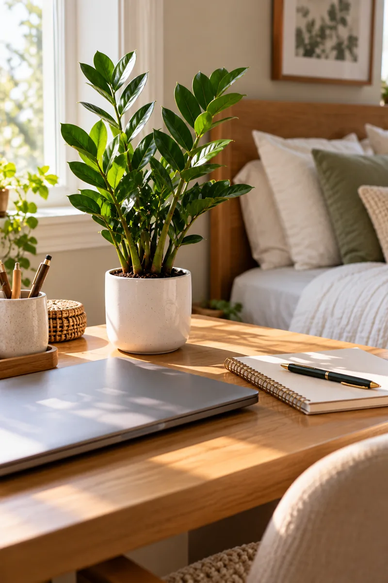 A small ZZ plant in a white pot on a tidy bedroom desk beside a closed laptop and a notebook, in gentle daylight.
