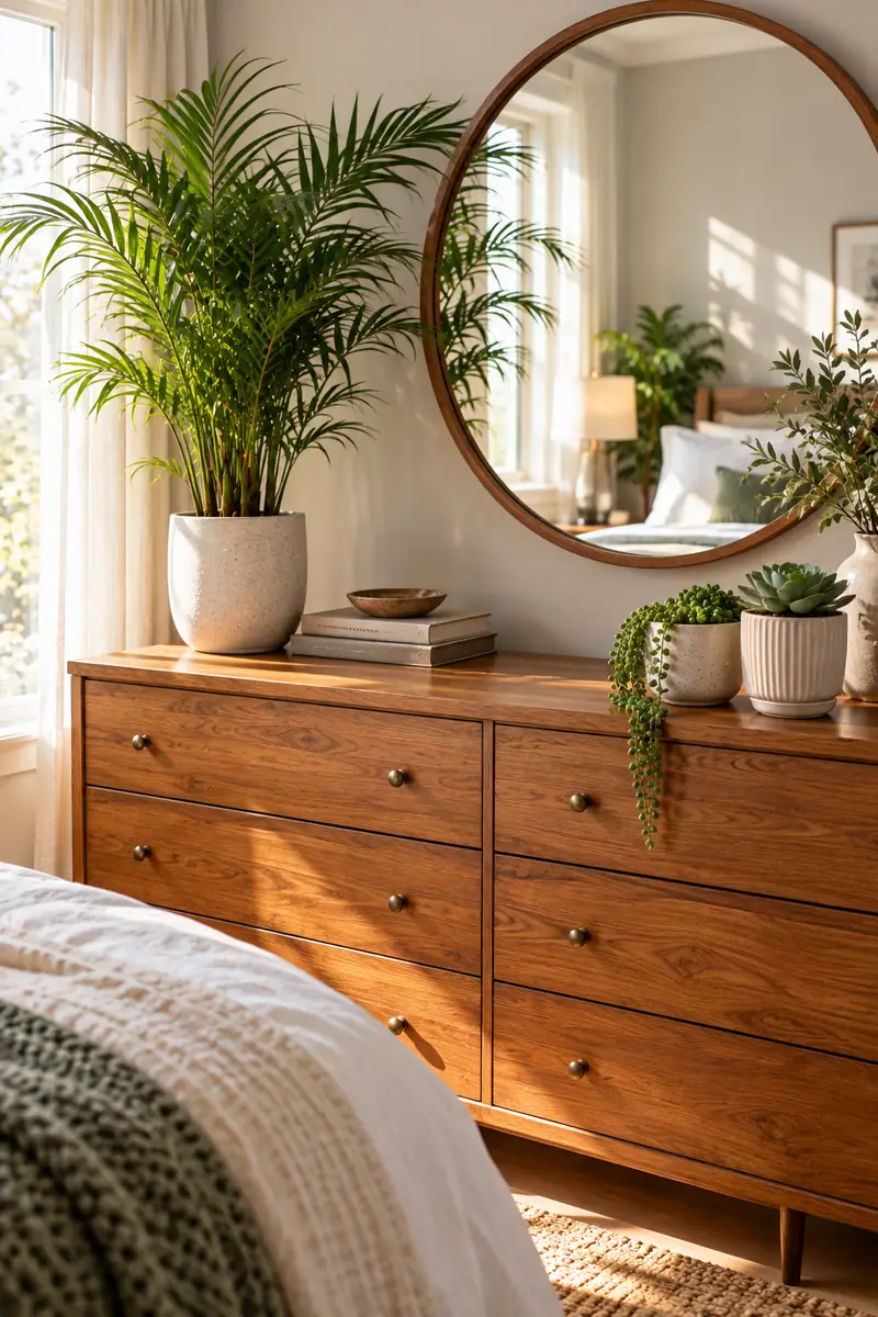 A wooden bedroom dresser styled with a tall parlor palm at one end and two small succulents at the other, with a round mirror above.