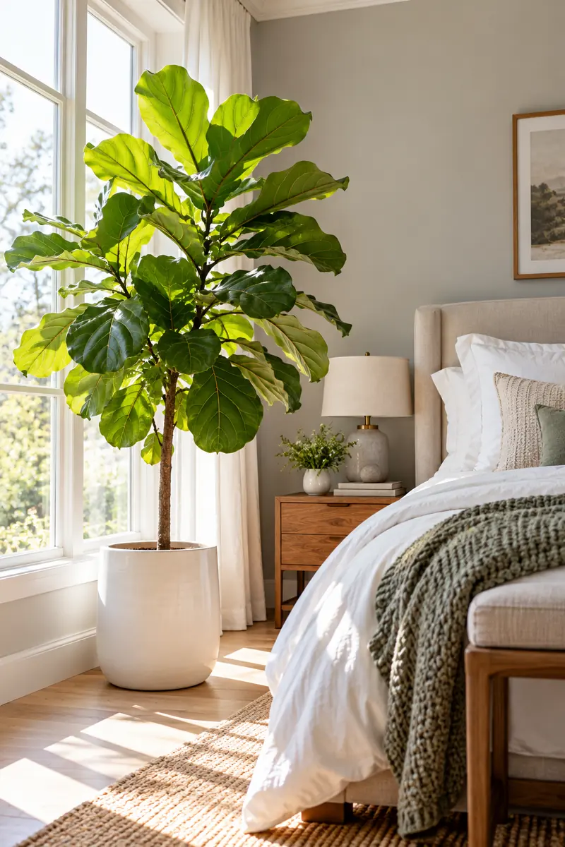 A tall fiddle leaf fig tree in a white pot beside a bedroom window, with sunlight glowing through its large green leaves.
