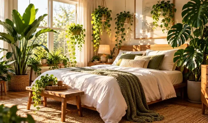 A serene bedroom filled with lush green plants, with a tall monstera and bird of paradise flanking a bed with white bedding and hanging pothos near large windows.