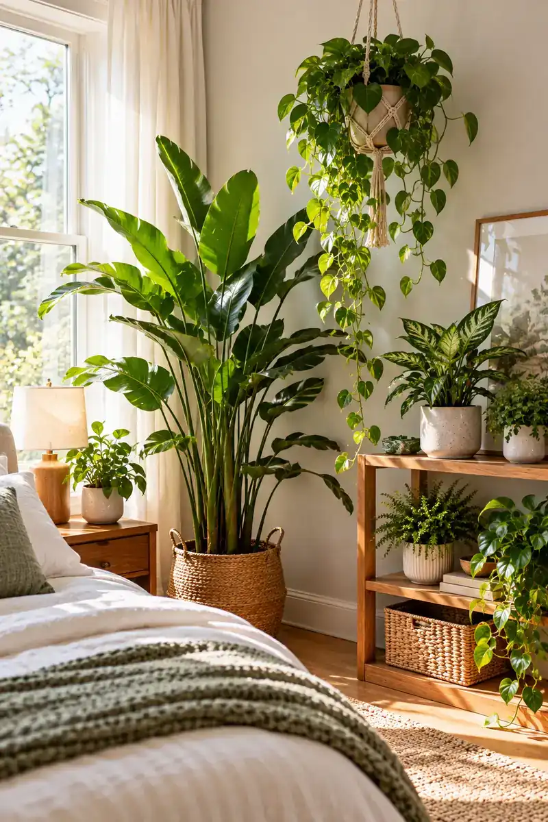 A lush bedroom plant corner with a tall floor plant in a basket, medium plants on a wooden shelf, and a trailing pothos hanging above.