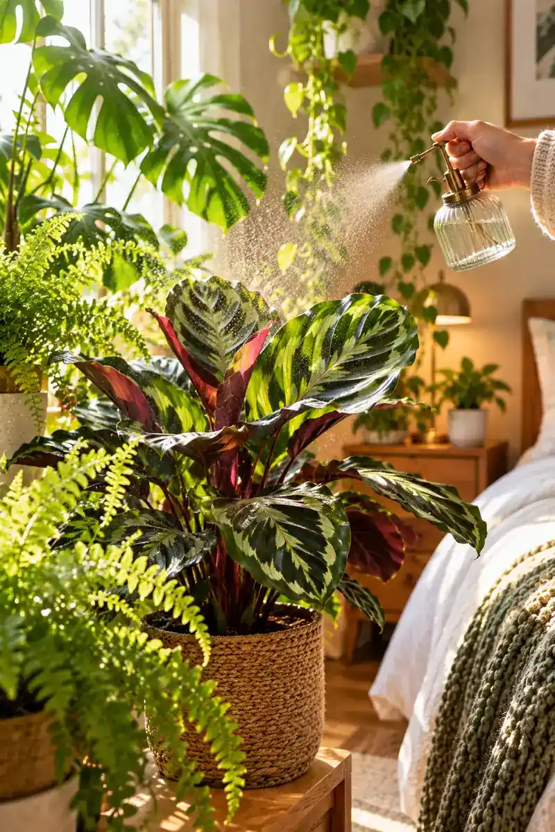 A hand misting a calathea plant with a glass spray bottle in a bright bedroom, with fine water droplets in the morning sunlight.