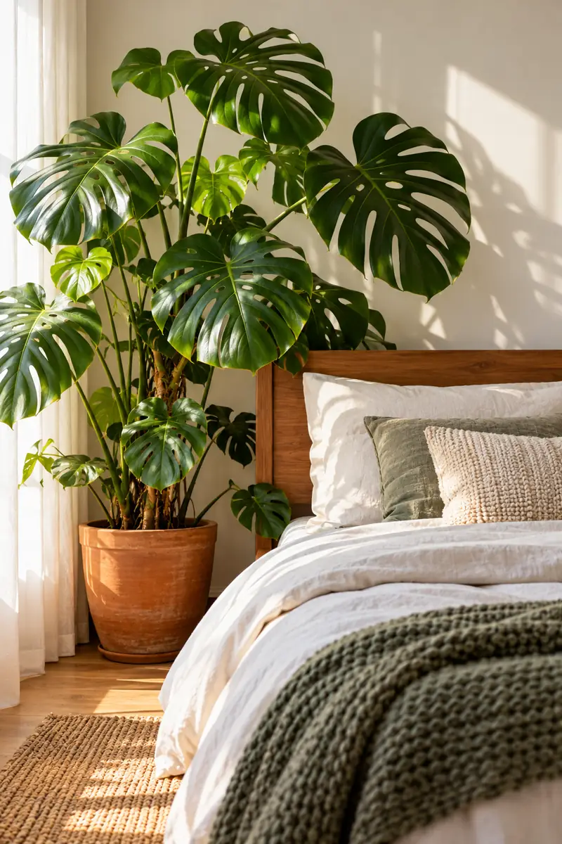 A large monstera plant with split leaves in a terracotta pot beside a bed, set against a plain warm white wall.