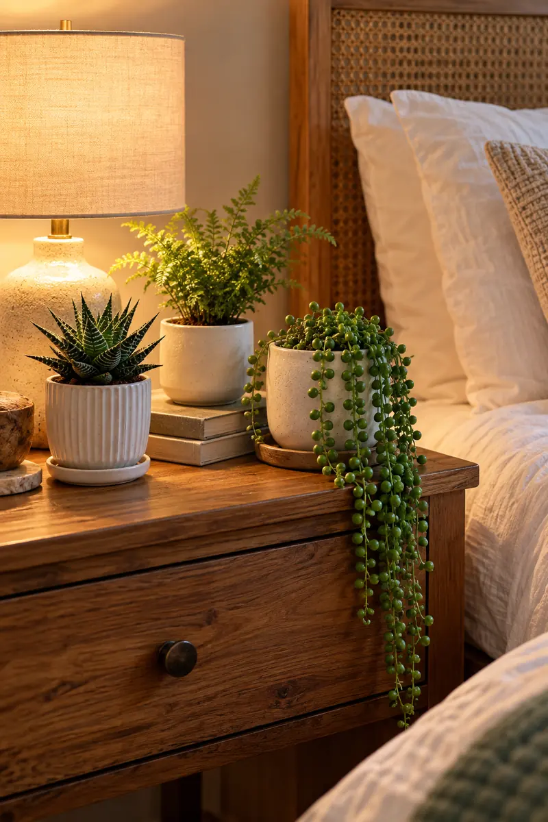 A wooden nightstand styled with three small potted plants in white ceramic pots next to a small lamp and a stack of books.