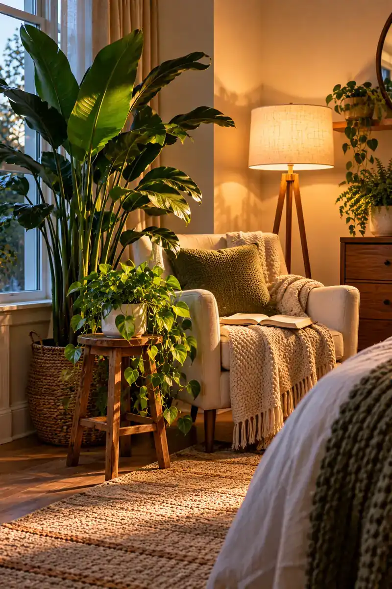 A cozy bedroom reading nook with an armchair beside a tall floor plant and a small trailing plant on a wooden stool, with a warm floor lamp glowing behind the chair.