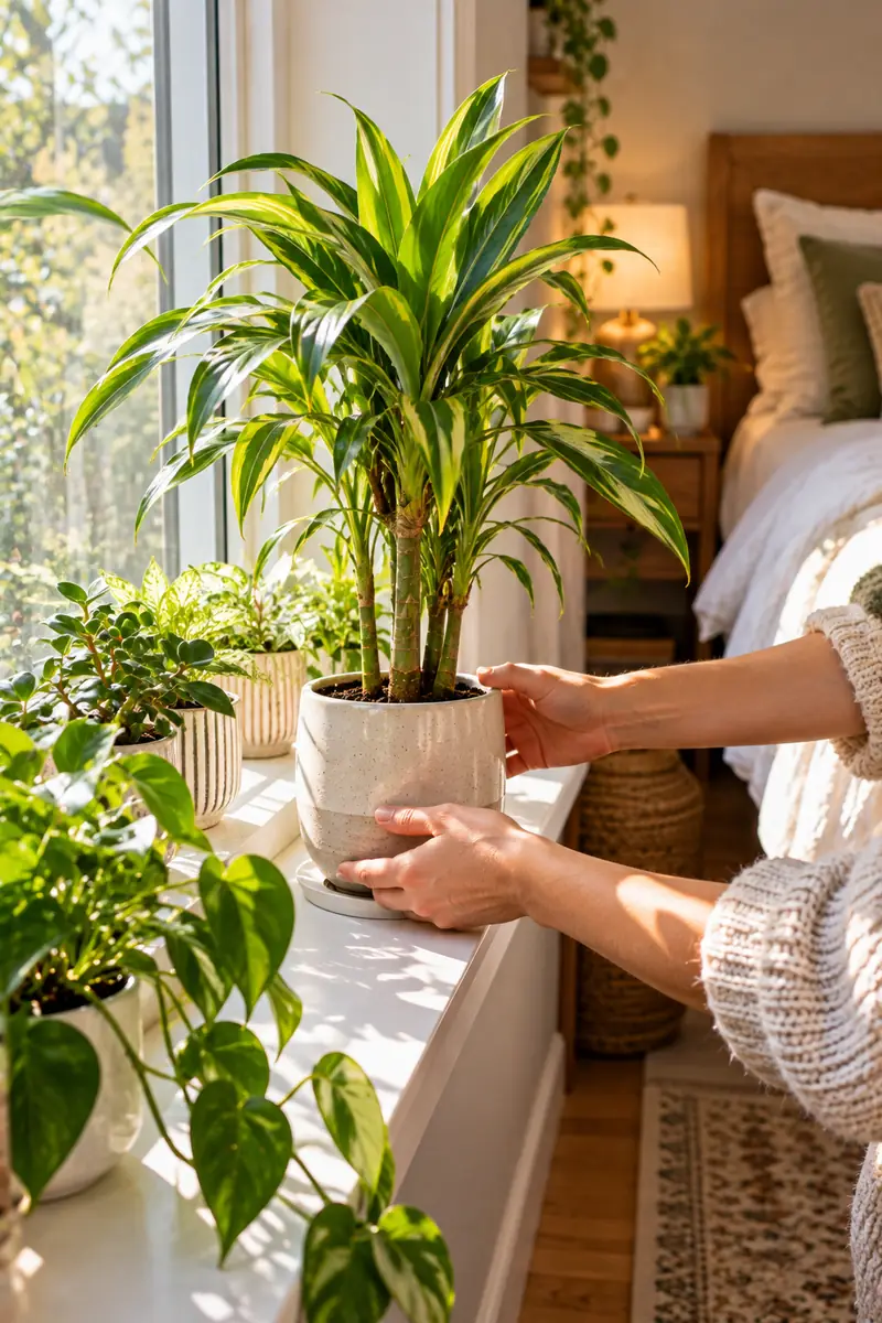 Hands rotating a potted dracaena a quarter turn on a bright bedroom windowsill lined with small plants.