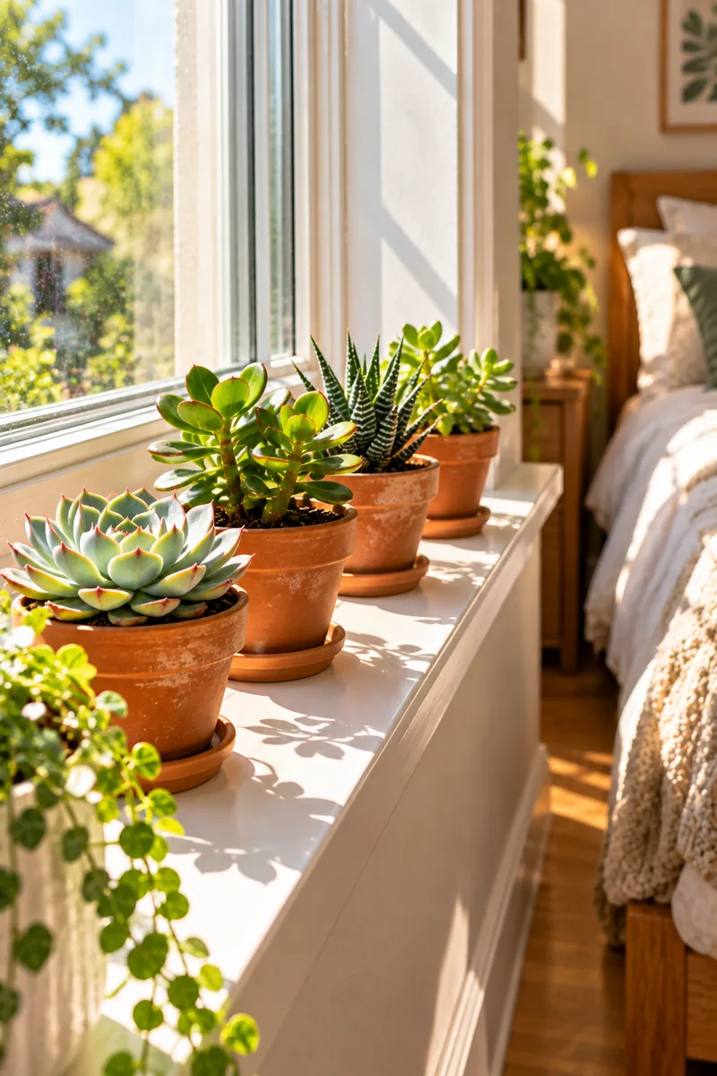 Small succulents in tiny terracotta pots lined up on a sunny bedroom windowsill in strong direct sunlight.