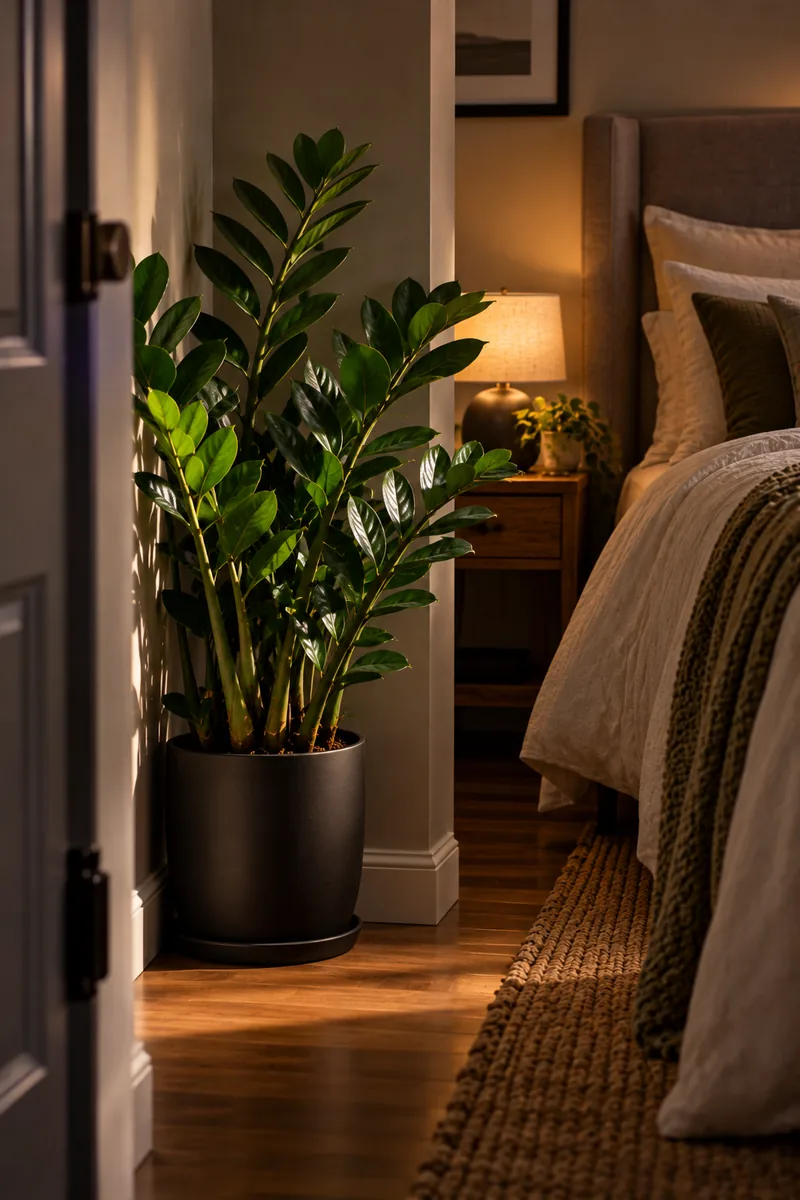 A glossy ZZ plant in a matte black pot tucked into a dim bedroom corner behind a door, in soft low light.
