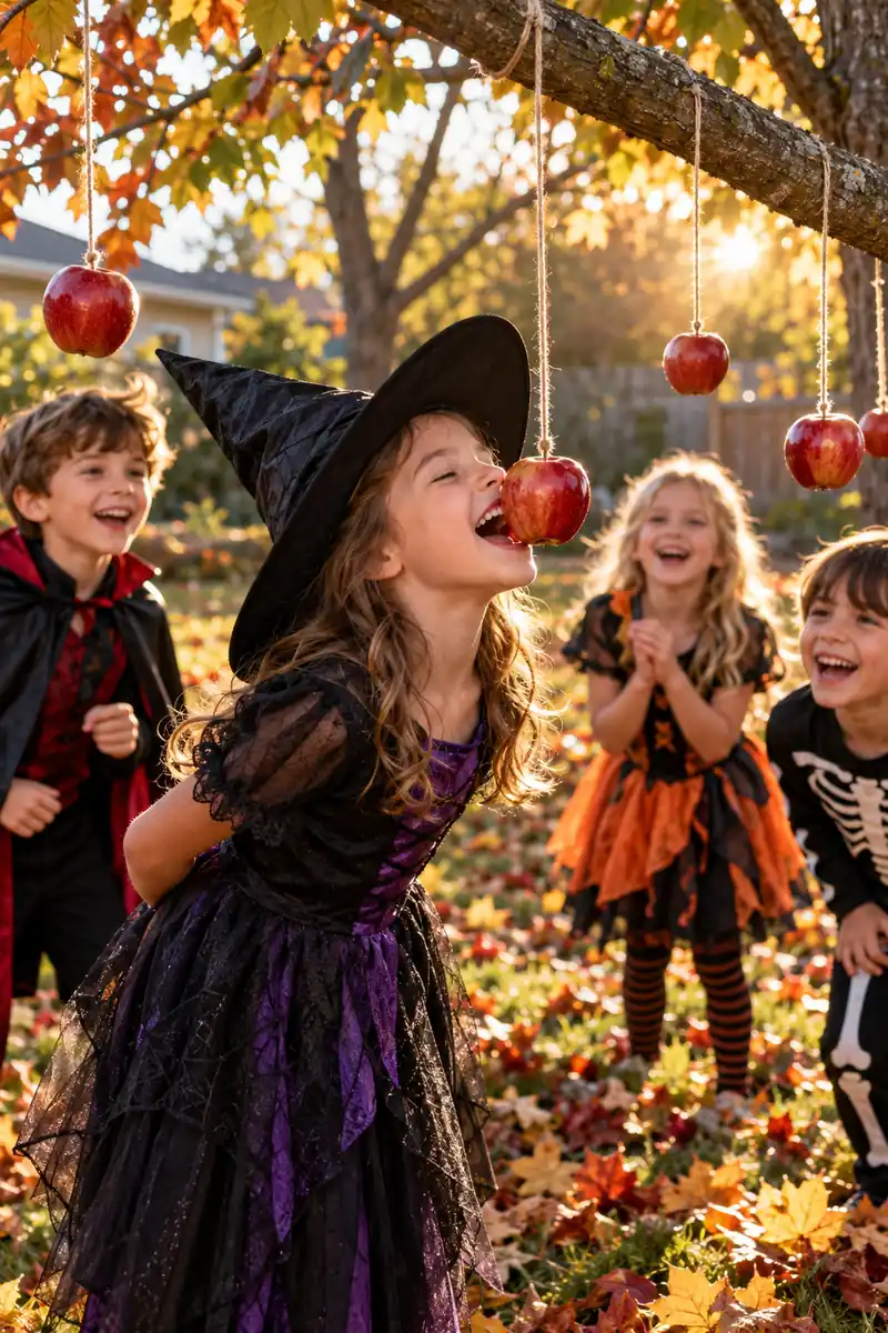 Kids bobbing for apples in a tub at a backyard Halloween party