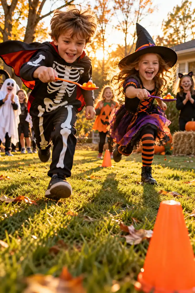 Kids racing in a candy corn spoon relay at a backyard party