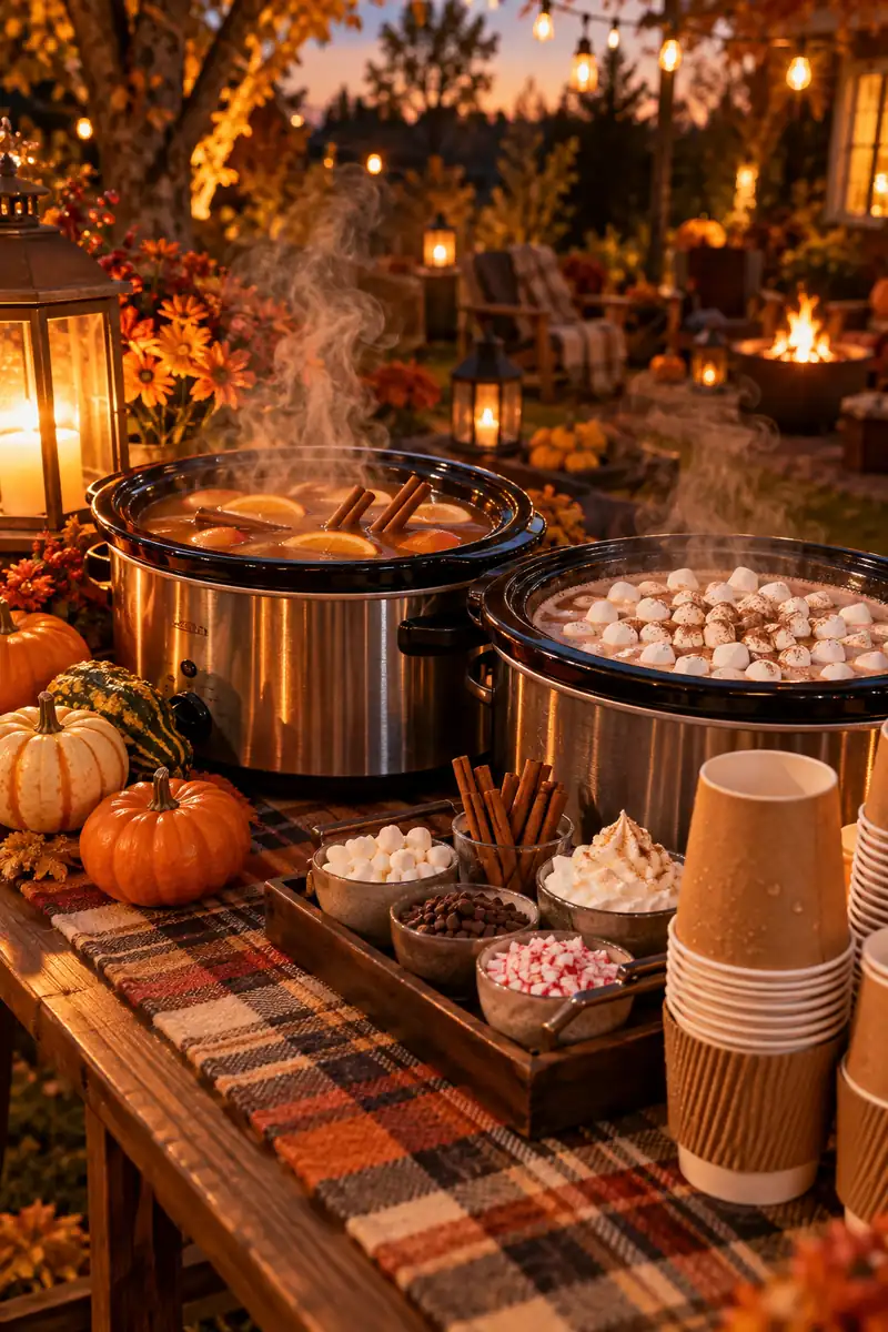 Hot cider and cocoa bar with mugs at an outdoor Halloween party