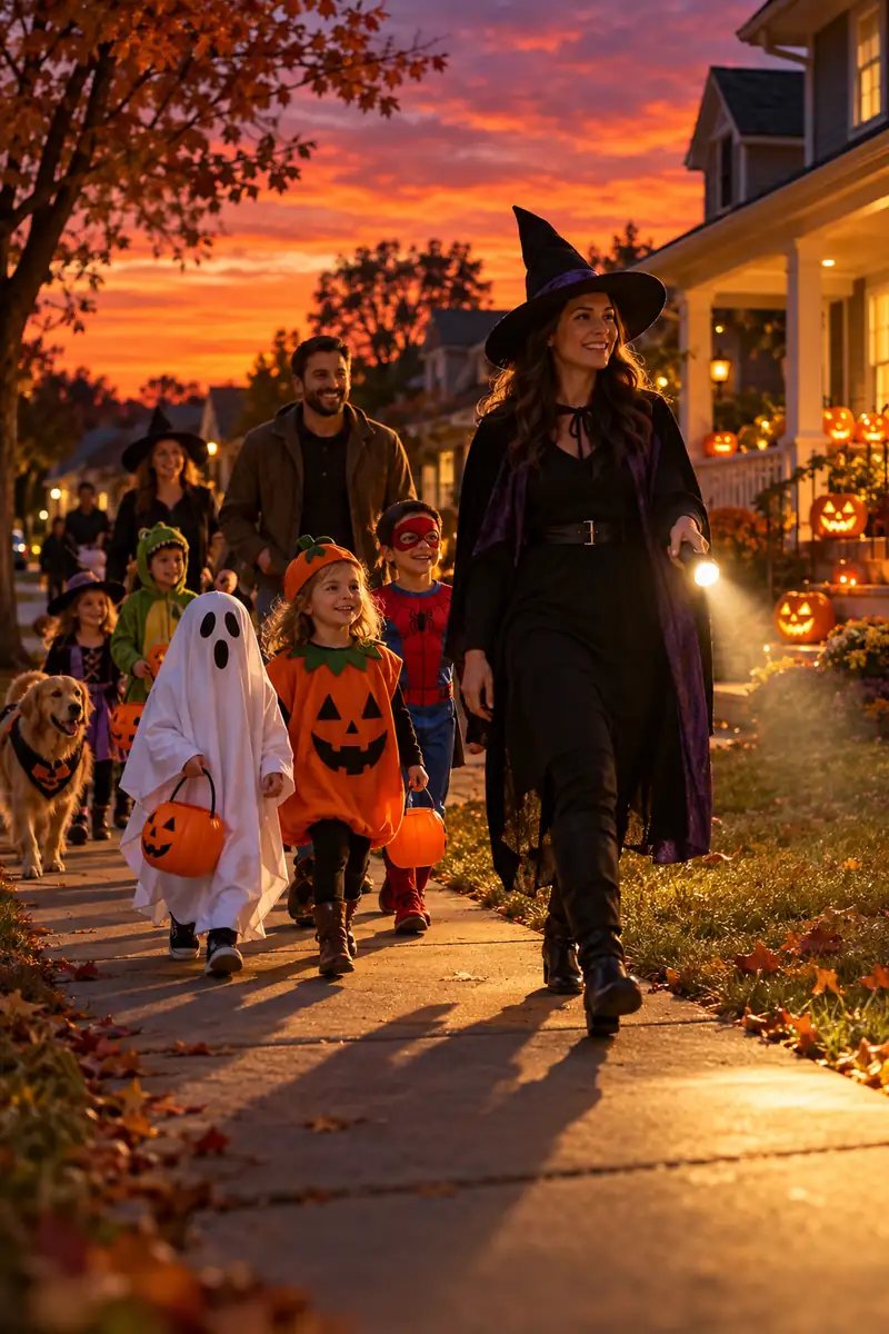Families in costumes parading around the block at dusk