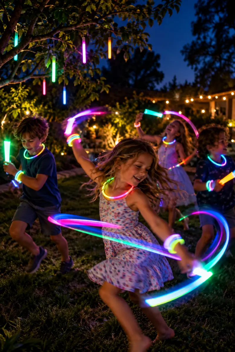 Kids dancing with glow sticks at a backyard Halloween party at night