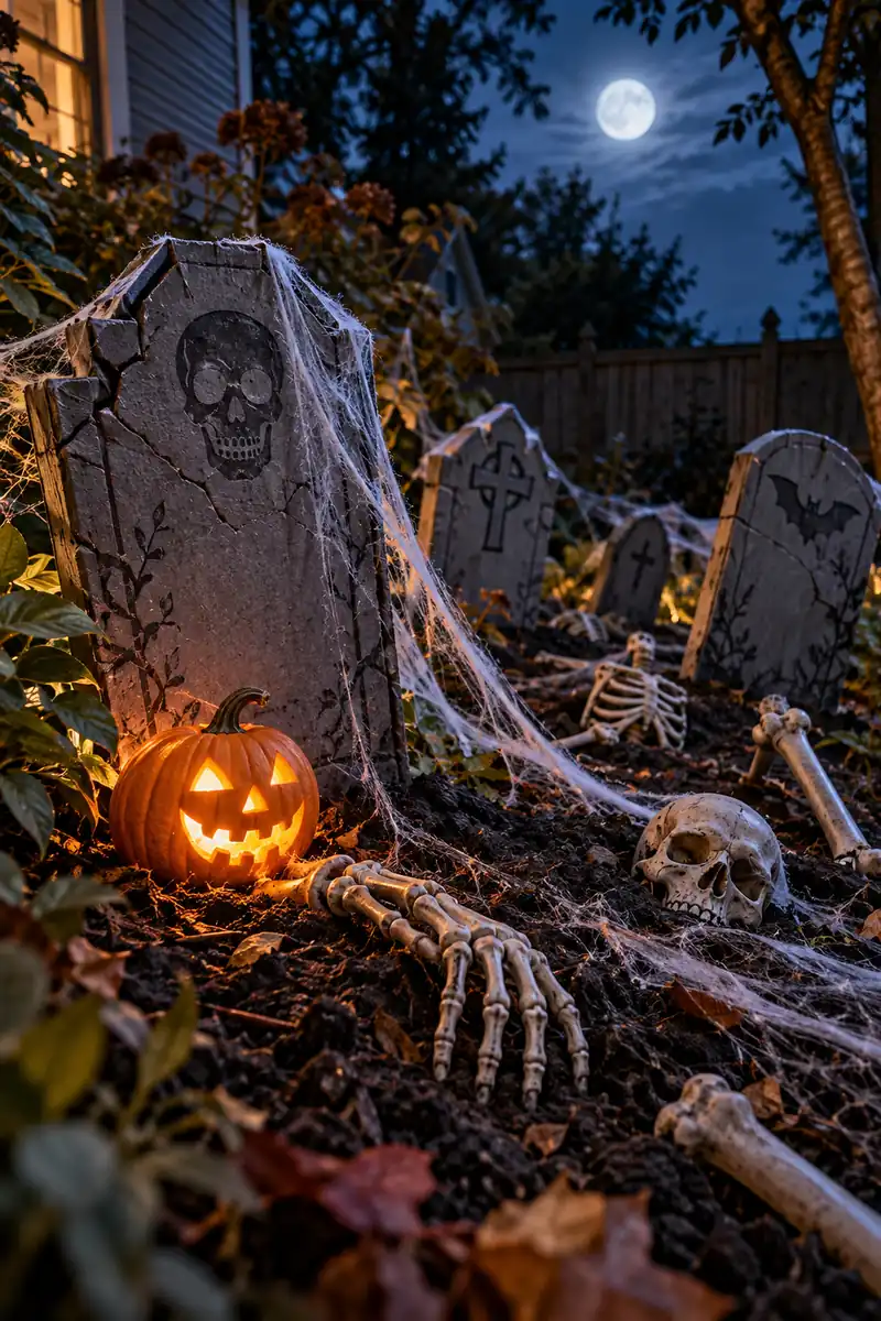 DIY cardboard tombstones in a backyard garden bed at night