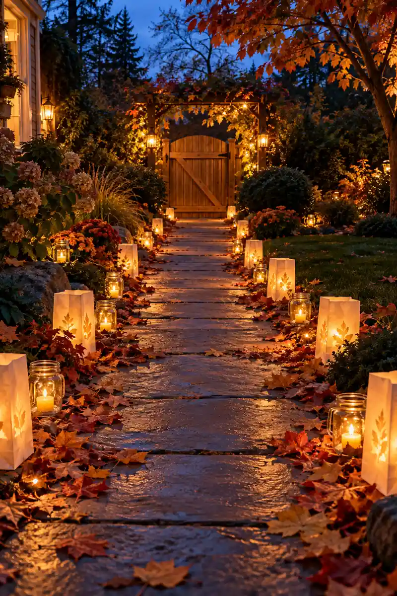 Backyard path lined with glowing Halloween lanterns at dusk
